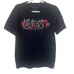 Goth style GUESS Los Angeles Black Rose Logo V-Neck T-Shirt Men’s Size M